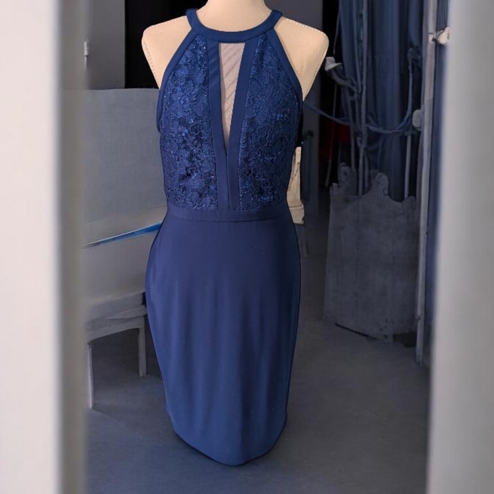 R&M Richards Navy Backless Lace Dress